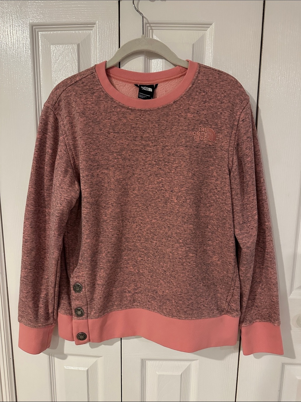 The North Face Heather Rose Pink Crewneck Sweatshirt with Button Hem